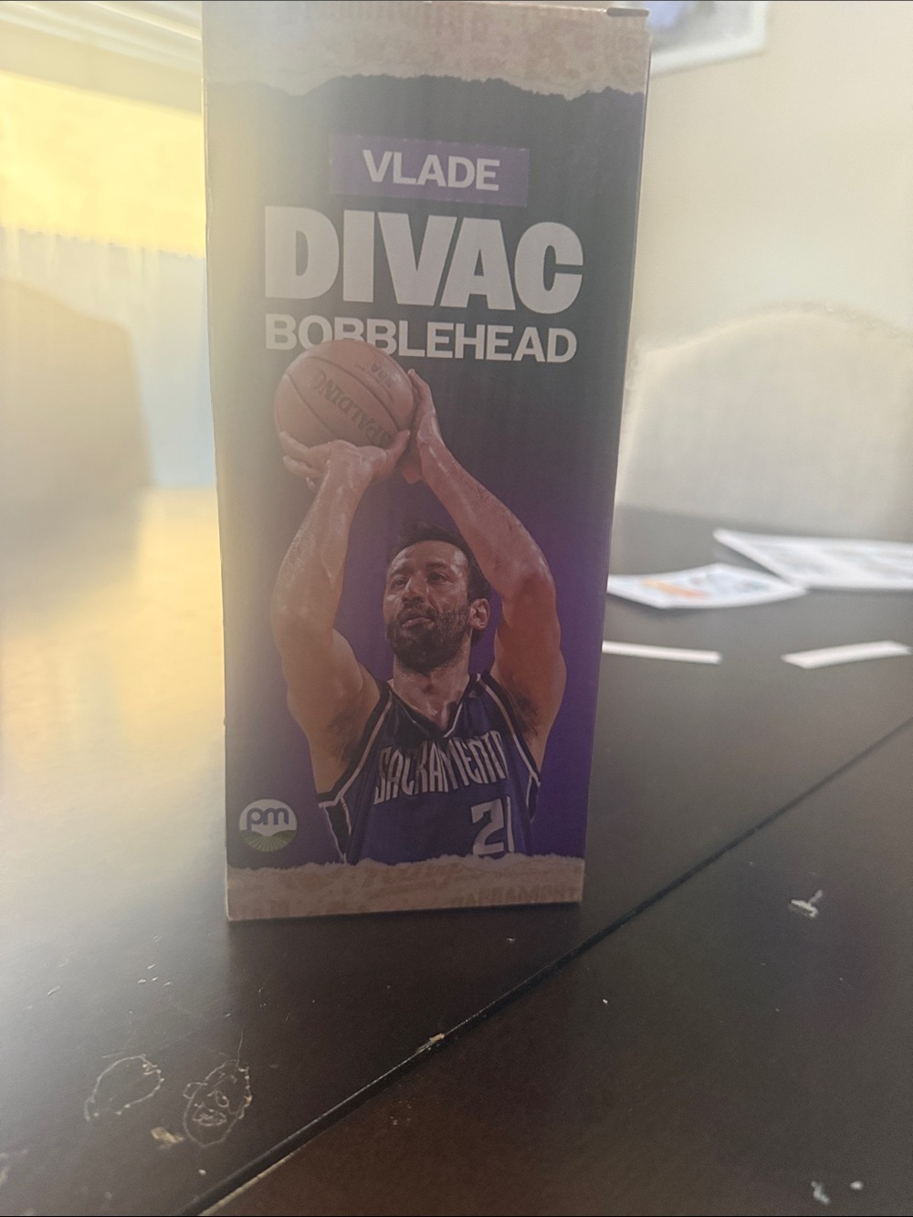Vlade Divac Bobblehead Box — Purple Basketball Collectible Packaging
